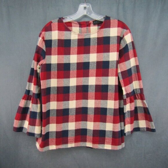 Hatch Maternity Red Navy Plaid Flannel Top Size M 2 Bell 3/4 Sleeves Back Button - Picture 10 of 10
